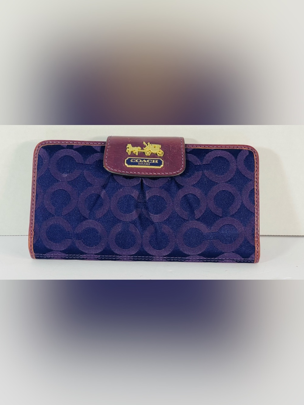 Coach Purple Signature Continental Wallet with Burgundy Trim and Gold Logo